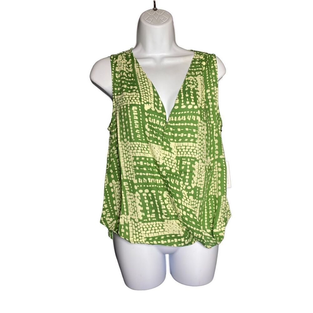 Velvet Women's Sleeveless Geo Print Faux Wrap Green/Yellow Top Size S NWT